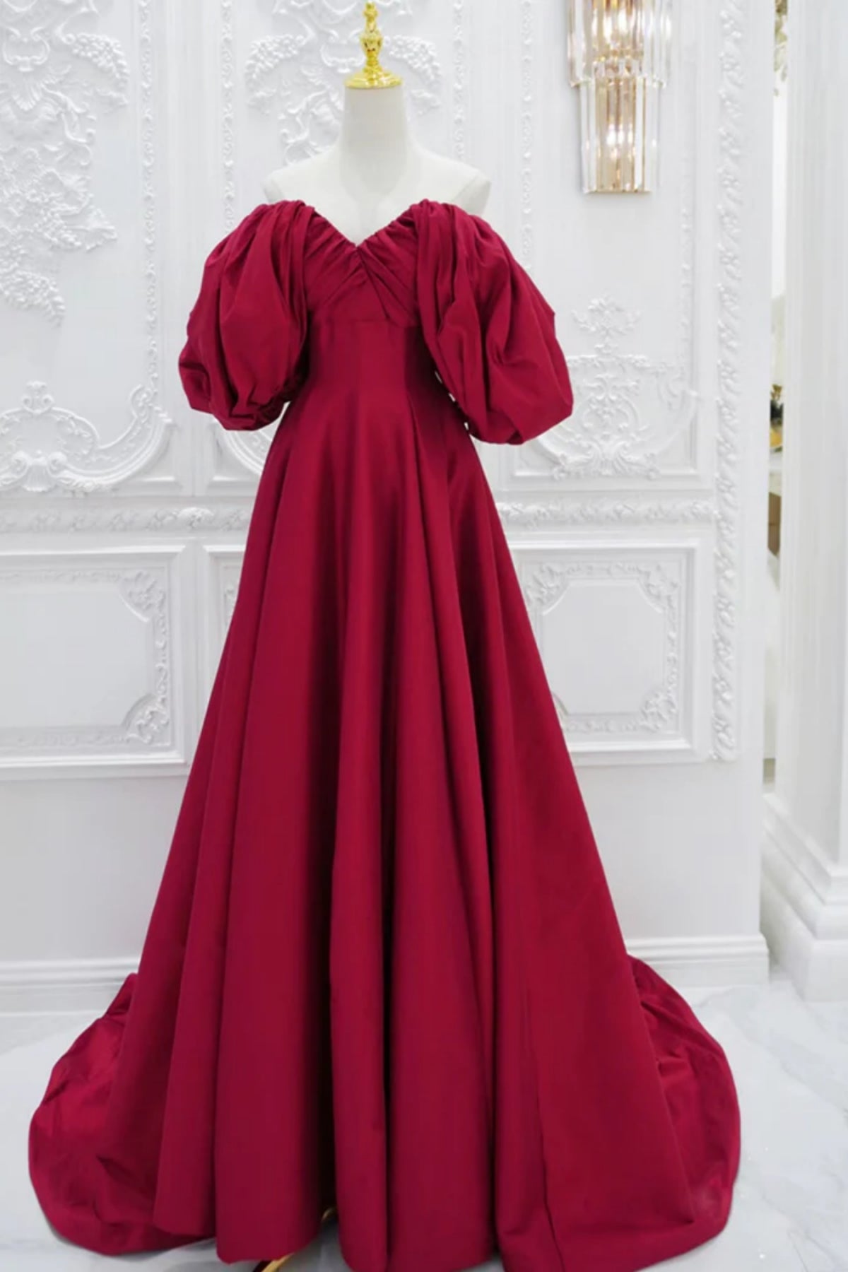 Red Satin V Neck Puff Sleeves Long Prom Dresses, Long Red Formal Gradu Lwt Dress Red Satin V Neck Puff Sleeves Long Prom Dresses, Long Red Formal Gradu Lwt Dress