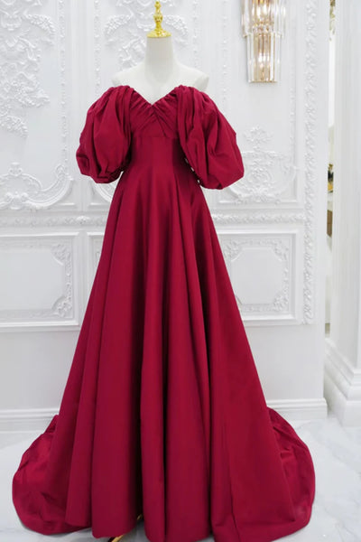 Red Satin V Neck Puff Sleeves Long Prom Dresses, Long Red Formal Graduation Evening Dresses WT1414
