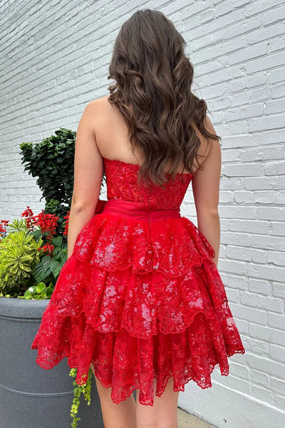 Red Sweetheart Neck Strapless Lace Short Prom Dresses, Red Lace Homecoming Dresses, Red Formal Graduation Evening Dresses WT1659
