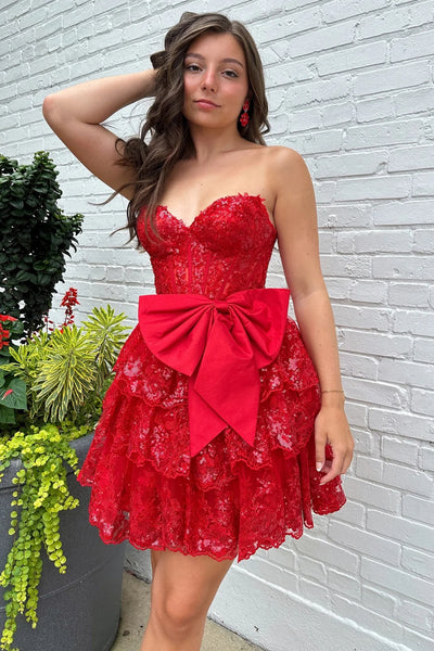 Red Sweetheart Neck Strapless Lace Short Prom Dresses, Red Lace Homecoming Dresses, Red Formal Graduation Evening Dresses WT1659