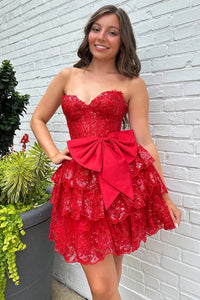 Red Sweetheart Neck Strapless Lace Short Prom Dresses, Red Lace Homecoming Dresses, Red Formal Graduation Evening Dresses WT1659