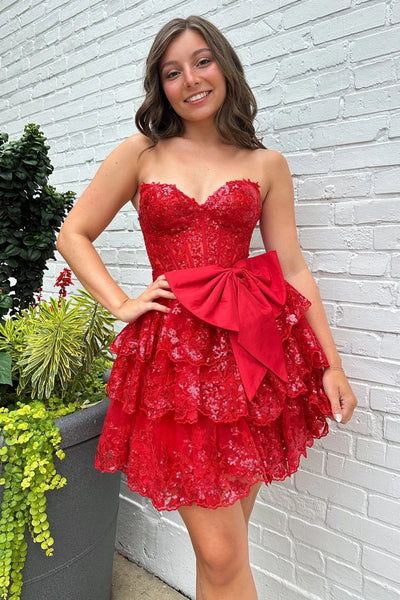 Red Sweetheart Neck Strapless Lace Short Prom Dresses, Red Lace Homecoming Dresses, Red Formal Graduation Evening Dresses WT1659