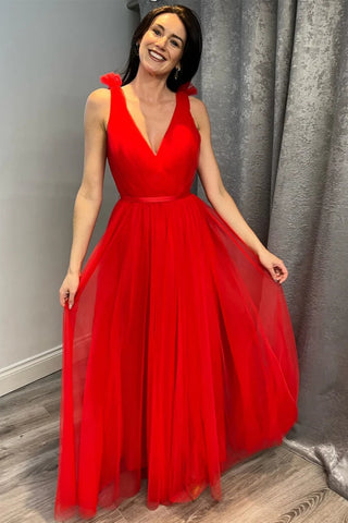 Red Tulle A Line V Neck Floor Length Long Prom Dresses, Long Red Formal Graduation Evening Dresses WT1456