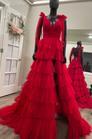 Red Tulle A Line V Neck Open Back Layered Long Prom Dresses with High Slit, Long Red Formal Graduation Evening Dresses WT1445