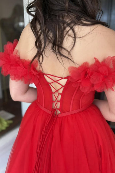 Red Tulle Off the Shoulder Long Prom Dresses, Off Shoulder Formal Dresses, Red Tulle Evening Dresses WT1748