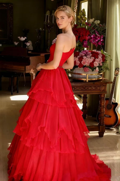 Red Tulle One Shoulder Layered Long Prom Dresses with Belt, One Shoulder Red Formal Graduation Evening Dresses WT1724