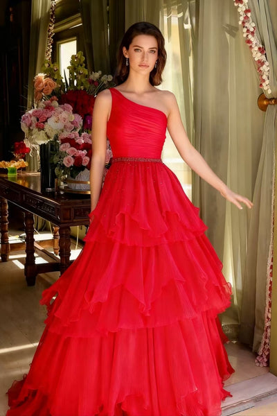 Red Tulle One Shoulder Layered Long Prom Dresses with Belt, One Shoulder Red Formal Graduation Evening Dresses WT1724
