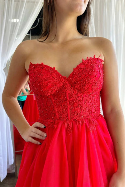 Red Tulle Strapless Lace Long Prom Dresses, Red Lace Formal Dresses, Long Red Evening Dresses WT1388