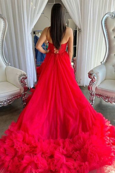 Red Tulle Strapless Lace Long Prom Dresses, Red Lace Formal Dresses, Long Red Evening Dresses WT1388