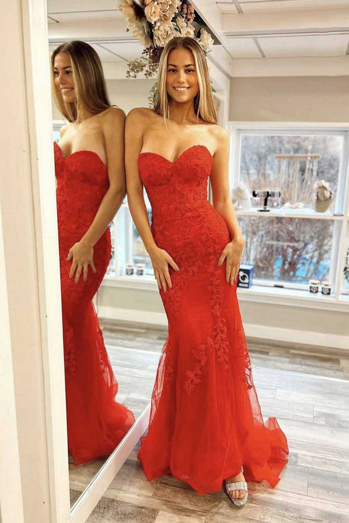 Red Tulle Strapless Sweetheart Neck Mermaid Lace Long Prom Dresses, Me Lwt Dress Red Tulle Strapless Sweetheart Neck Mermaid Lace Long Prom Dresses, Me Lwt Dress