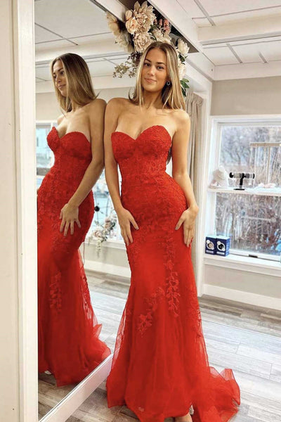 Red Tulle Strapless Sweetheart Neck Mermaid Lace Long Prom Dresses, Mermaid Red Formal Dresses, Red Lace Evening Dresses WT1313