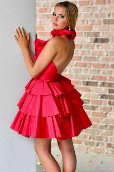 Red V Neck Layered Red Satin Short Prom Dresses, Short Red Formal Graduation Evening Dresses WT1515