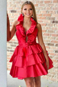 Red V Neck Layered Red Satin Short Prom Dresses, Short Red Formal Graduation Evening Dresses WT1515