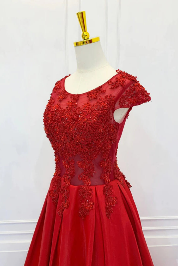 Round Neck Cap Sleeves Red Lace Long Prom Dresses, Red Lace Formal Dre