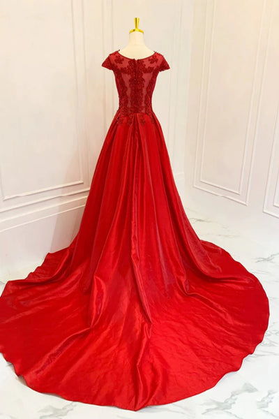 Round Neck Cap Sleeves Red Lace Long Prom Dresses, Red Lace Formal Dresses, Long Red Evening Dresses WT1435