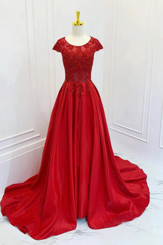 Round Neck Cap Sleeves Red Lace Long Prom Dresses, Red Lace Formal Dresses, Long Red Evening Dresses WT1435