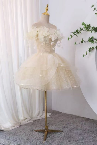 Round Neck Champagne Floral Short Prom Dresses, Champagne Homecoming Dresses with 3D Flowers WT1823