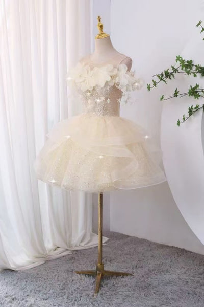 Round Neck Champagne Floral Short Prom Dresses, Champagne Homecoming Dresses with 3D Flowers WT1823