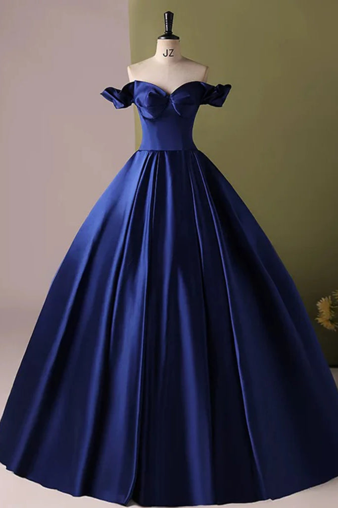 Royal Blue Satin Off the Shoulder Long Prom Dresses, Off Shoulder Blue