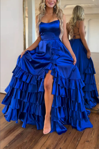 Royal Blue Satin Open Back Strapless Long Prom Dresses with High Slit, Royal Blue Formal Graduation Evening Dresses WT1462