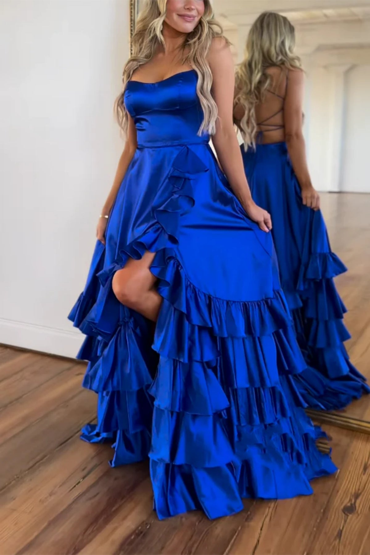 Royal Blue Satin Open Back Strapless Long Prom Dresses with High Slit
