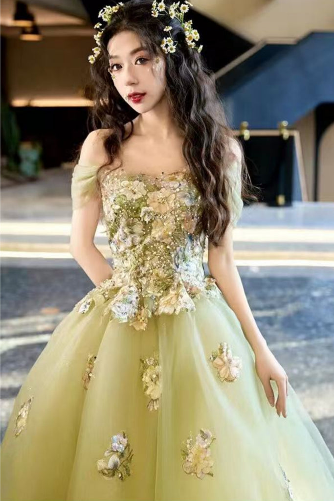 Sage Green Tulle Off the Shoulder Lace Floral Long Prom Dresses, Green Lwt Dress Sage Green Tulle Off the Shoulder Lace Floral Long Prom Dresses, Green Lwt Dress