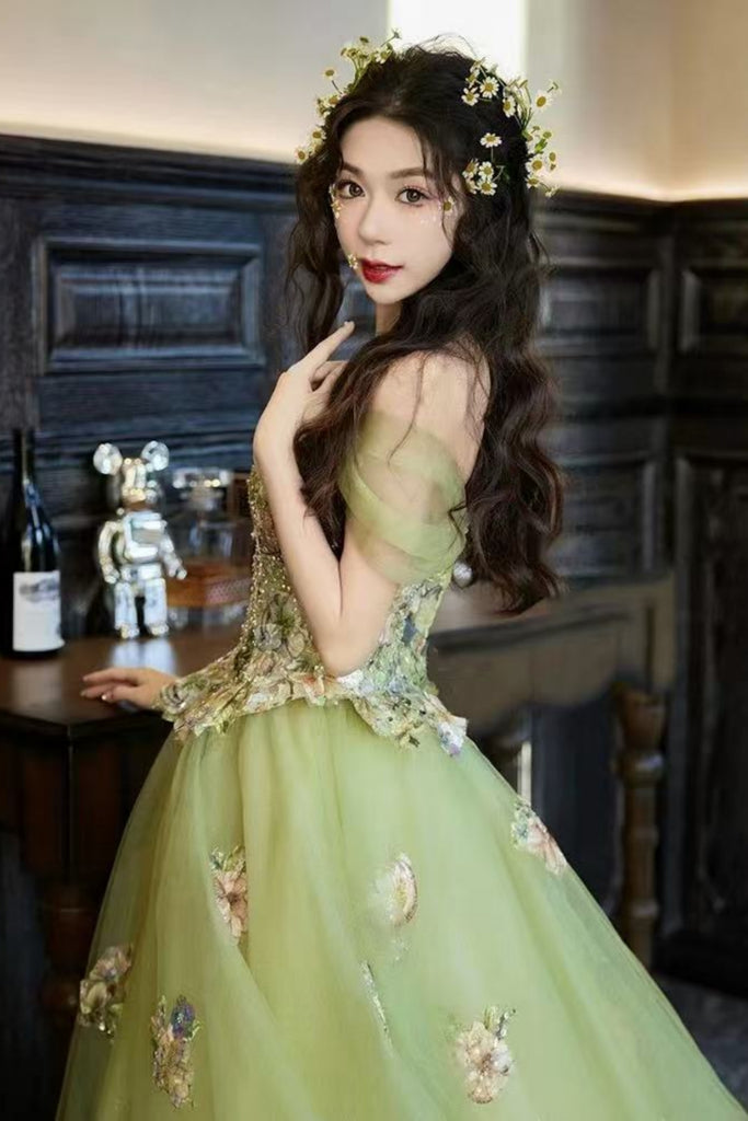 Sage Green Tulle Off the Shoulder Lace Floral Long Prom Dresses, Green Lwt Dress Sage Green Tulle Off the Shoulder Lace Floral Long Prom Dresses, Green Lwt Dress