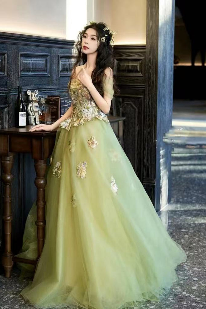 Sage Green Tulle Off the Shoulder Lace Floral Long Prom Dresses, Green Lwt Dress Sage Green Tulle Off the Shoulder Lace Floral Long Prom Dresses, Green Lwt Dress