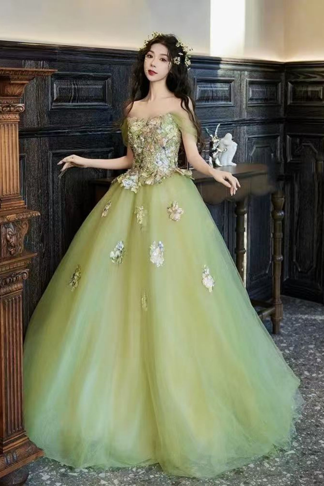 Sage Green Tulle Off the Shoulder Lace Floral Long Prom Dresses, Green Lwt Dress Sage Green Tulle Off the Shoulder Lace Floral Long Prom Dresses, Green Lwt Dress
