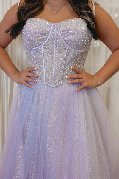 Shiny A Line Spaghetti Straps Lilac Tulle Long Prom Dresses, Long Lilac Formal Graduation Evening Dresses WT1793