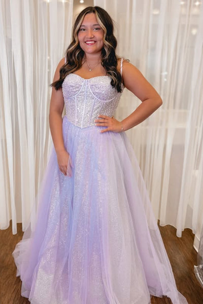 Shiny A Line Spaghetti Straps Lilac Tulle Long Prom Dresses, Long Lilac Formal Graduation Evening Dresses WT1793