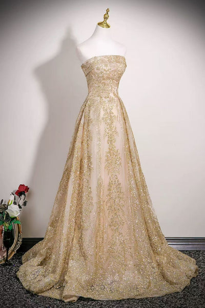 Shiny A Line Strapless Gold Lace Long Prom Dresses, Gold Lace Formal Dresses, Gold Sequins Evening Dresses WT1816