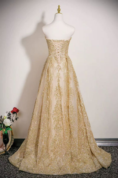 Shiny A Line Strapless Gold Lace Long Prom Dresses, Gold Lace Formal Dresses, Gold Sequins Evening Dresses WT1816