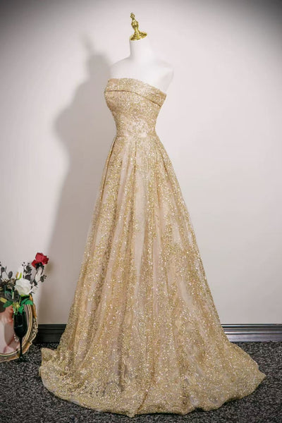 Shiny A Line Strapless Gold Lace Long Prom Dresses, Gold Lace Formal Dresses, Gold Sequins Evening Dresses WT1816