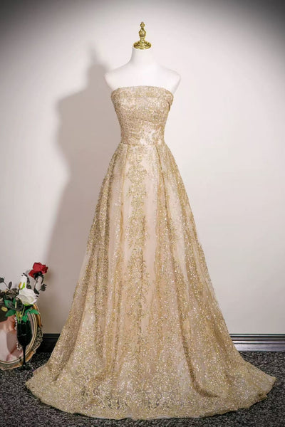 Shiny A Line Strapless Gold Lace Long Prom Dresses, Gold Lace Formal Dresses, Gold Sequins Evening Dresses WT1816