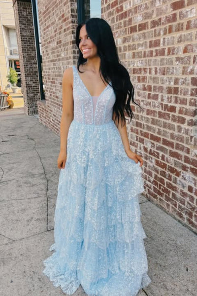 Shiny A Line V Neck Layered Light Blue Lace Long Prom Dresses, Light Blue Lace Formal Graduation Evening Dresses WT1800