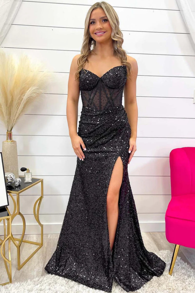 Shiny Sequins Mermaid Prom Dress Strapless Slit Long Evening Party Dress main image 0