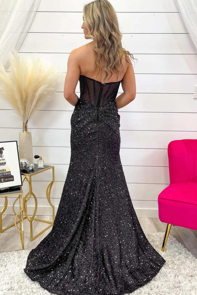 Shiny Black Sequins Mermaid Long Prom Dresses with High Slit, Mermaid