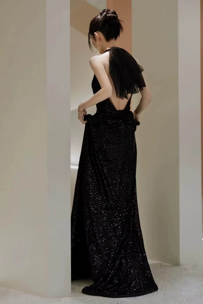 Shiny Black Tulle Halter Neck Backless Long Prom Dresses, V Neck Black Lwt Dress Shiny Black Tulle Halter Neck Backless Long Prom Dresses, V Neck Black Lwt Dress