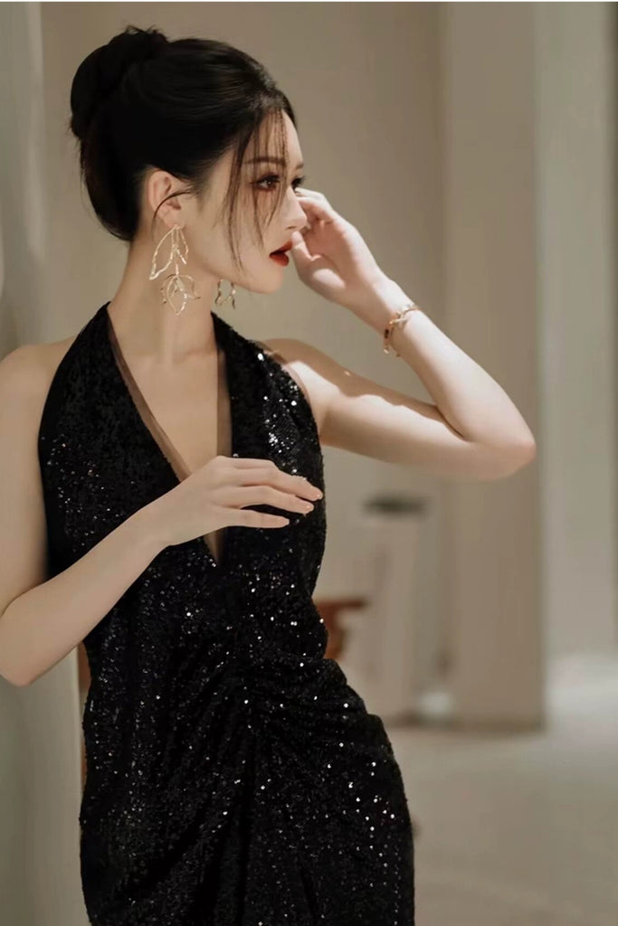 Shiny Black Tulle Halter Neck Backless Long Prom Dresses, V Neck Black Lwt Dress Shiny Black Tulle Halter Neck Backless Long Prom Dresses, V Neck Black Lwt Dress