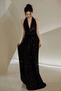 Shiny Black Tulle Halter Neck Backless Long Prom Dresses, V Neck Black Formal Graduation Evening Dresses WT1277