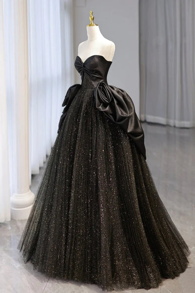 Shiny Black Tulle Strapless Long Prom Dresses, Black Tulle Formal Evening Dresses WT1418