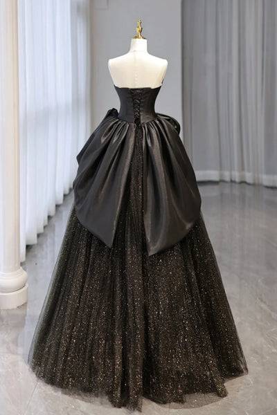 Shiny Black Tulle Strapless Long Prom Dresses, Black Tulle Formal Evening Dresses WT1418
