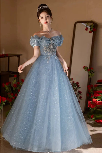 Shiny Blue Tulle Off the Shoulder Long Prom Dresses with Appliques, Blue Lace Formal Graduation Evening Dresses WT1580