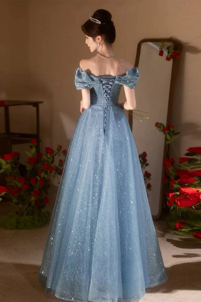 Shiny Blue Tulle Off the Shoulder Long Prom Dresses with Appliques, Blue Lace Formal Graduation Evening Dresses WT1580