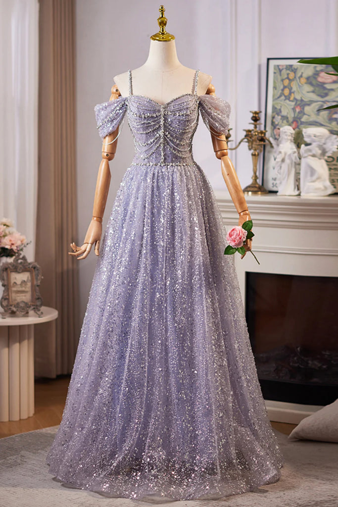 Shiny Lilac Tulle Off Shoulder Floor Length Beaded Long Prom Dresses, Lwt Dress Shiny Lilac Tulle Off Shoulder Floor Length Beaded Long Prom Dresses, Lwt Dress