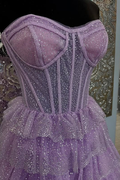 Shiny Lilac Tulle Sweetheart Neck Layered Long Prom Dresses, Lilac Tulle Formal Evening Dresses WT1708