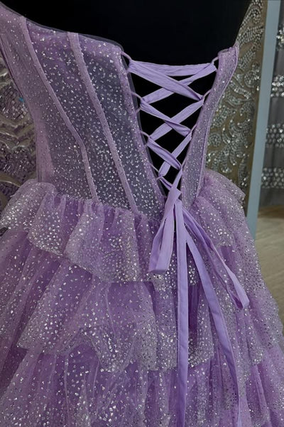 Shiny Lilac Tulle Sweetheart Neck Layered Long Prom Dresses, Lilac Tulle Formal Evening Dresses WT1708