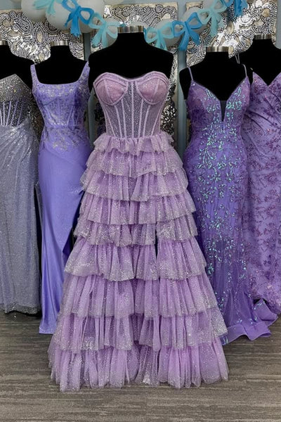 Shiny Lilac Tulle Sweetheart Neck Layered Long Prom Dresses, Lilac Tulle Formal Evening Dresses WT1708