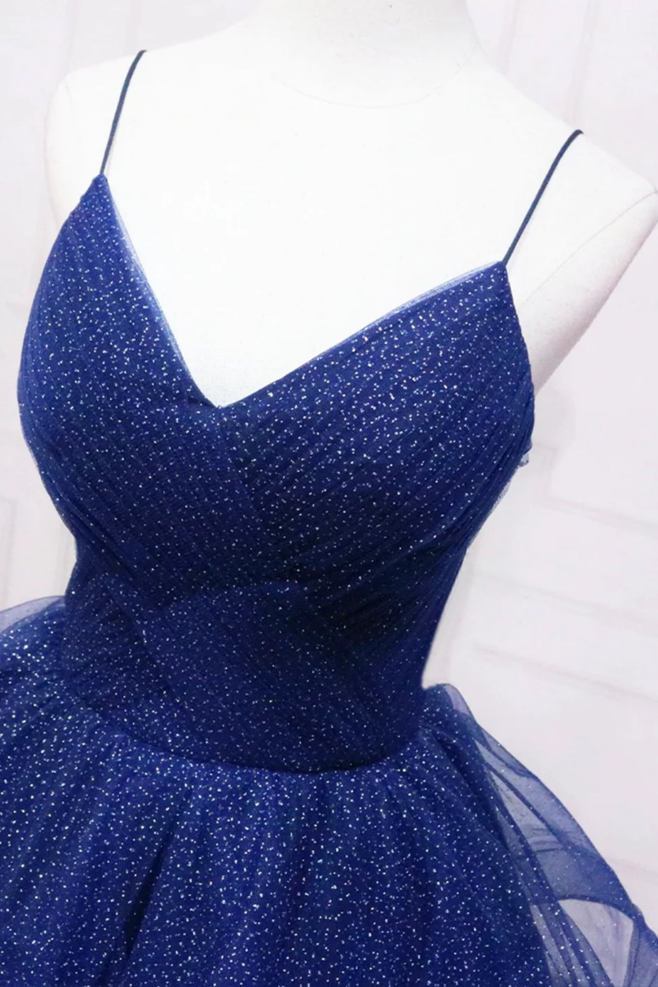 Shiny Navy Blue Tulle A Line V Neck Fluffy Long Prom Dresses, Navy Blu ...